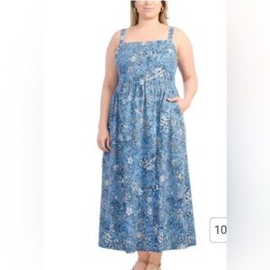 Dalia Floral Linen Dress - Stretchy smocked Back - adjustable straps blue
